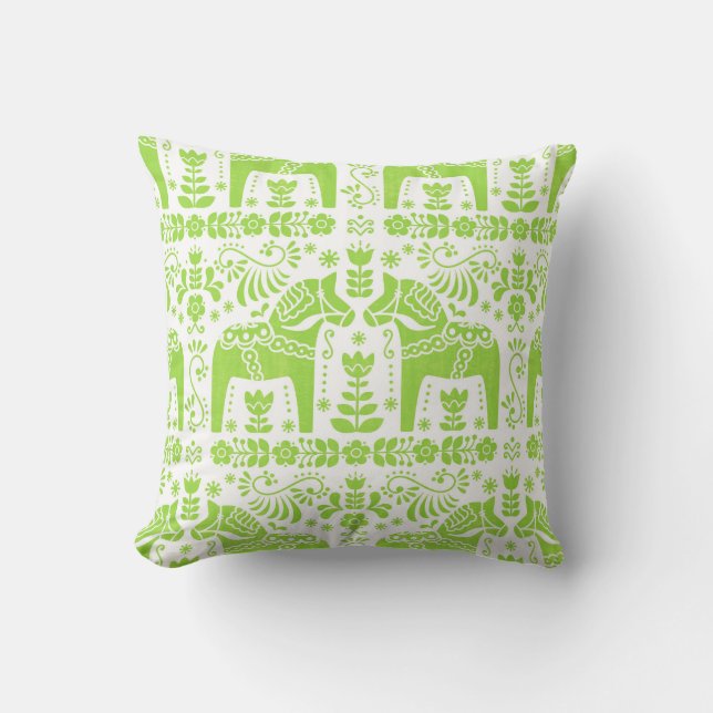Dala Horse, Lime Green Folk Print Throw Pillow (Front)
