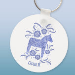 Dala Horse Swedish Folk Art Blue Custom Name Keychain<br><div class="desc">A periwinkle blue and white painting of a  Swedish Dala Horse. 
Lovely for Christmas,  or for horse and pony lovers at any time of year.
Change the name to customize.</div>