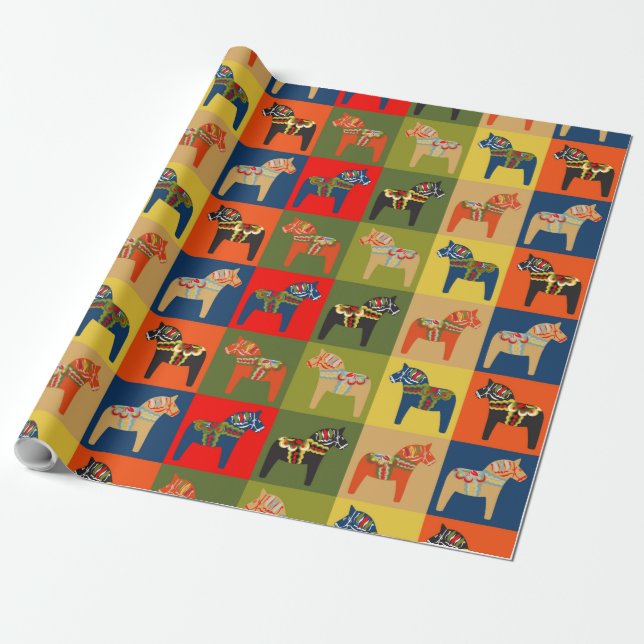  Dala Horse Swedish Folk Art Pattern Wrapping Paper (Unrolled)