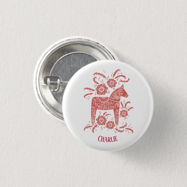 Dala Horse Swedish Folk Art Personalized Button (Front & Back)