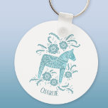 Dala Horse Swedish Folk Art Teal Green Custom Name Keychain<br><div class="desc">A teal green and white painting of a  Swedish Dala Horse. 
Lovely for Christmas,  or for horse and pony lovers at any time of year.
Change the name to customize.</div>
