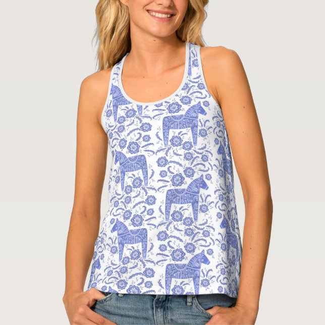 Dala Horse Swedish Indigo Blue and White Pattern Tank Top (Front)