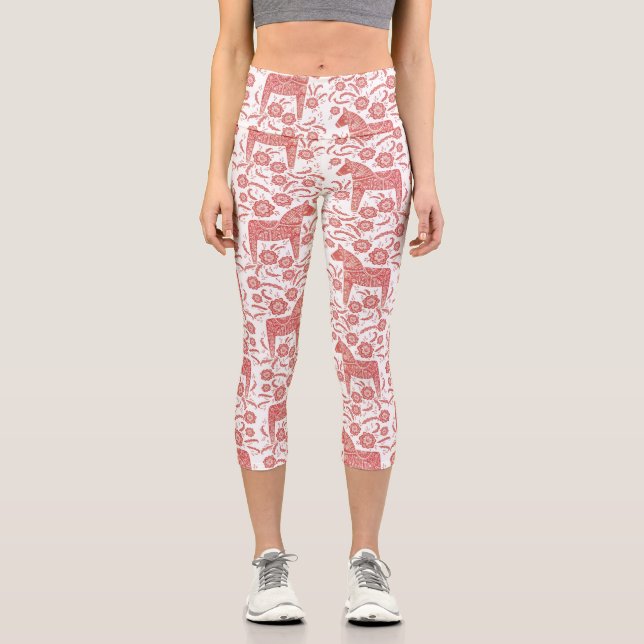 Dala Horse Swedish Red and White Pattern Capri Leggings (Front)