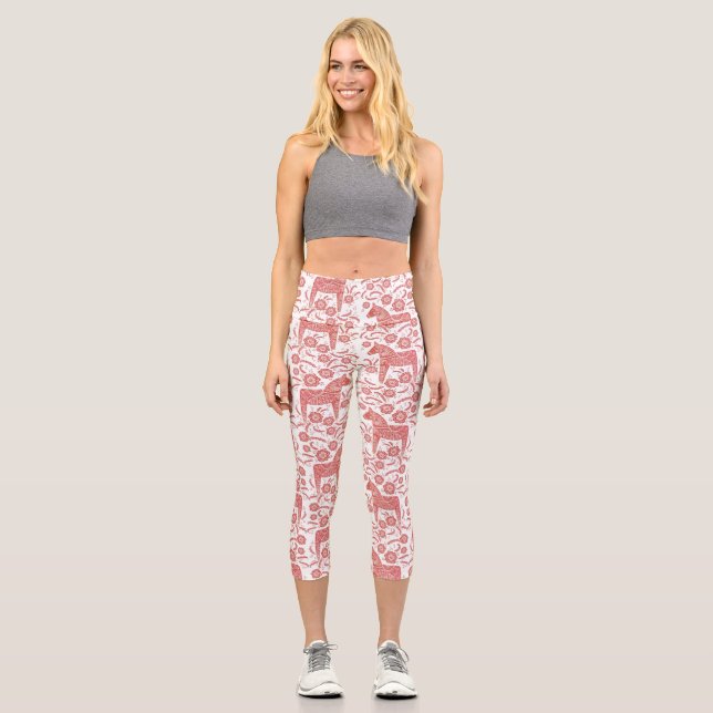 Dala Horse Swedish Red and White Pattern Capri Leggings (Front)