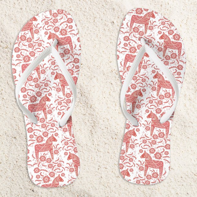 Dala Horse Swedish Red and White Pattern Flip Flops (Swedish Dala Horse pattern red and white flip flops)
