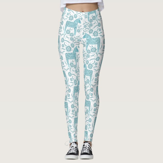Dala Horse Swedish Teal and White Pattern Leggings (Front)