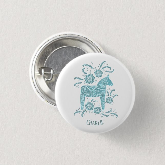 Dala Horse Teal Swedish Folk Art Custom Name Button (Front & Back)