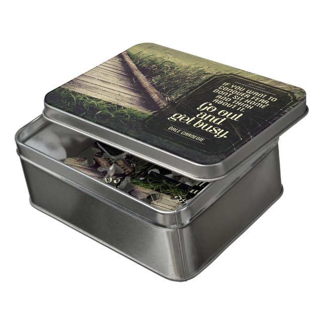 Dale Carnegie Inspirational Quote "Get busy" Box & Jigsaw Puzzle (Lid Open)