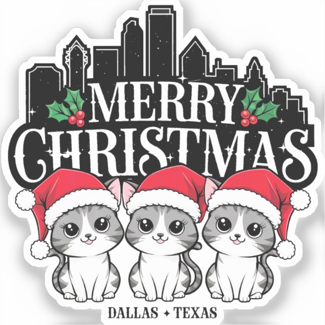 Dallas City Texas Merry Christmas Cats USA Sticker (Front)
