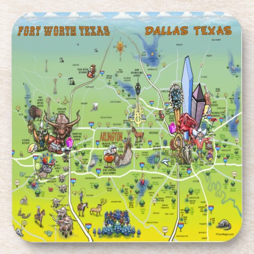 Dallas Fort Worth Cartoon Map Beverage Coaster