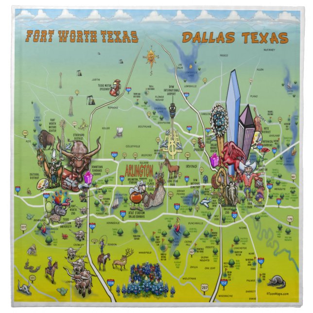 Dallas Fort Worth Cartoon Map Napkin (Front)