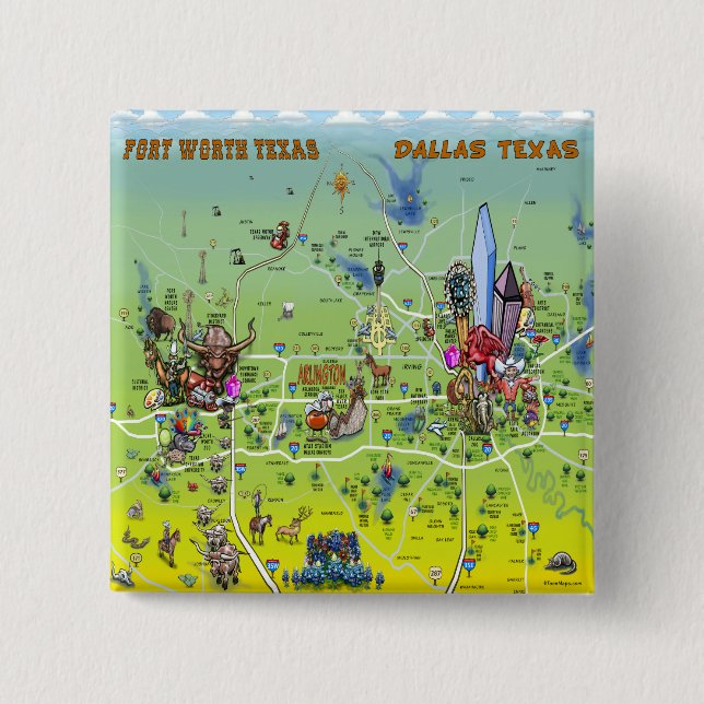 Dallas Fort Worth Cartoon Map Pinback Button (Front)