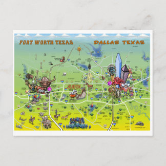 Dallas Fort Worth Cartoon Map Postcard