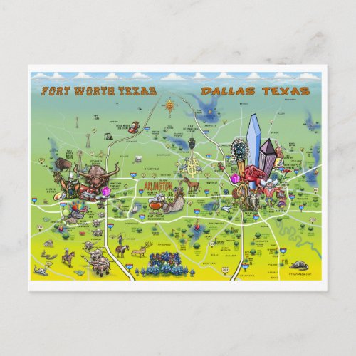 Dallas Fort Worth Cartoon Map Postcard