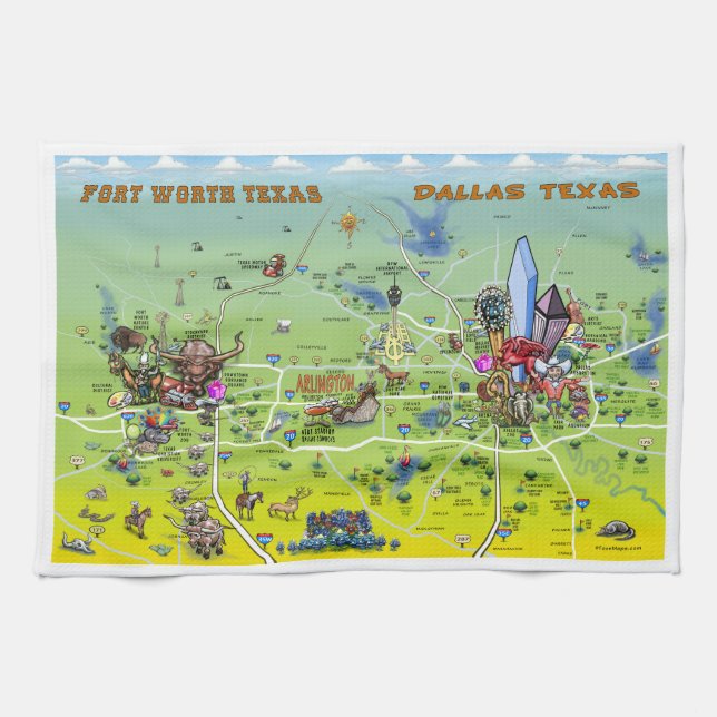 Dallas Fort Worth Cartoon Map Towel (Horizontal)