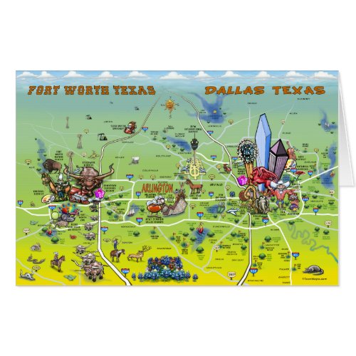 Dallas Fort Worth Texas Cartoon Map Card