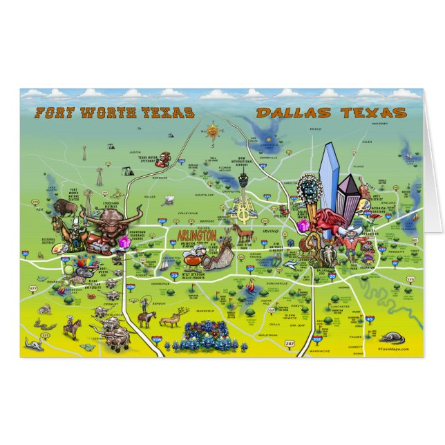 Dallas Fort Worth Texas Cartoon Map Card (Front Horizontal)