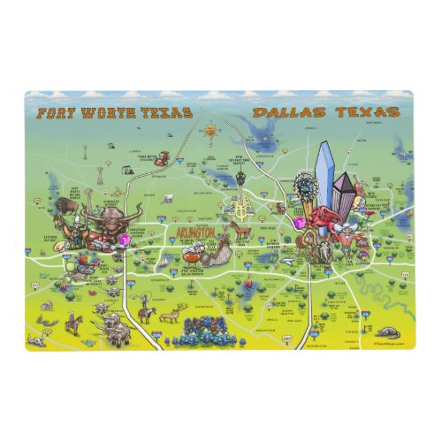 Dallas Fort Worth Texas cartoon map Placemat