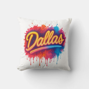 Dallas Neon Street Art Splash – Retro Vibrant City Throw Pillow