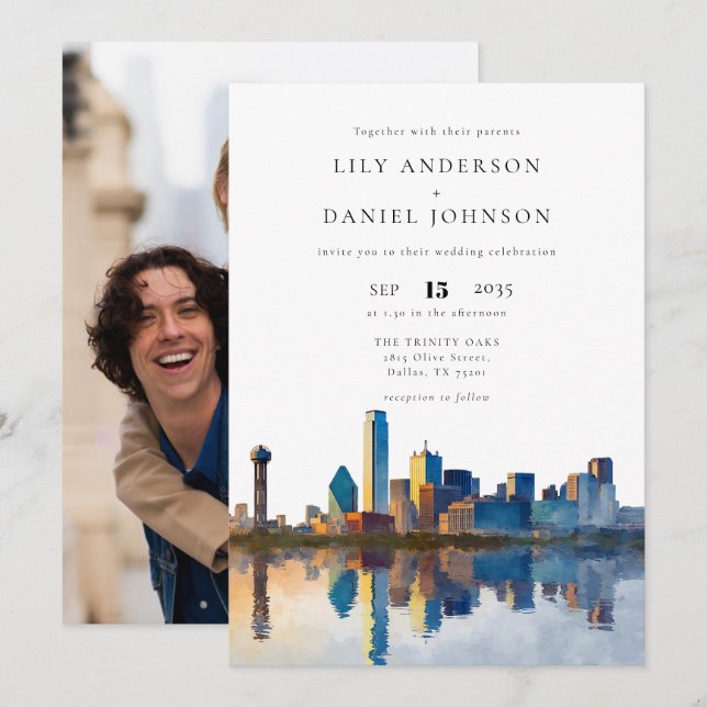 Dallas Skyline Destination Photo Wedding Invitation (Front/Back)