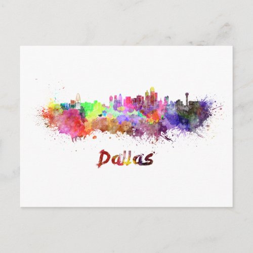 Dallas skyline in watercolor postcard