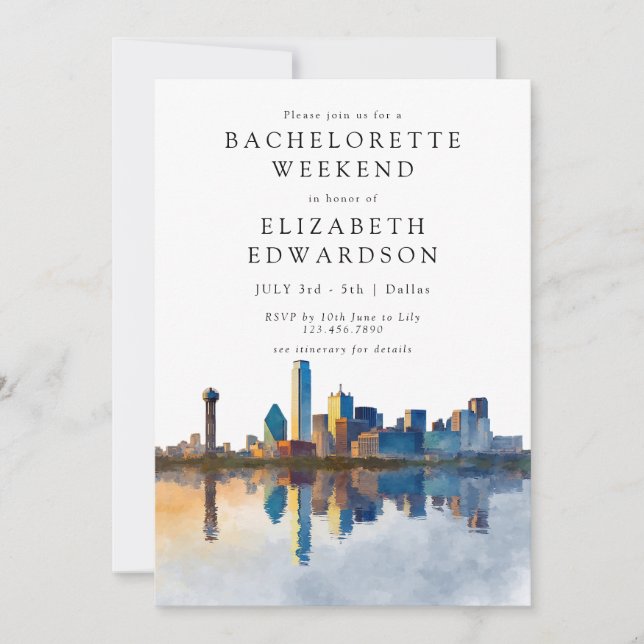 Dallas Skyline Watercolor Bachelorette Weekend Invitation (Front)