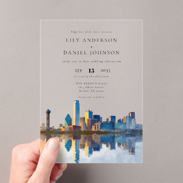 Dallas Skyline Watercolor Destination Wedding Acrylic Invitations (Insitu (Handheld))