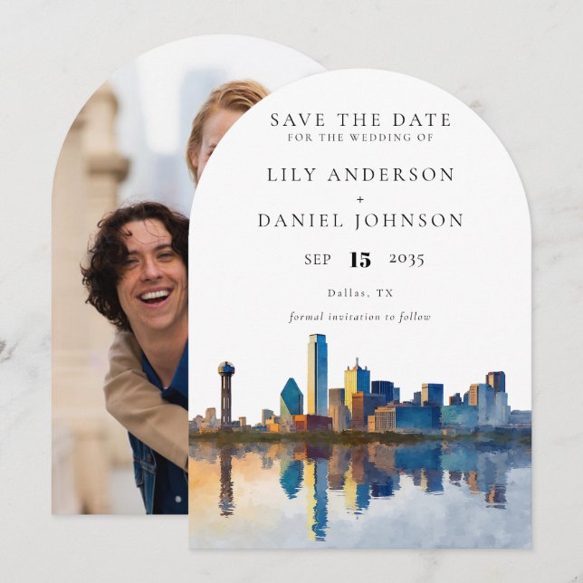 Dallas Skyline Watercolor Photo Wedding Arch Save The Date (Front/Back)