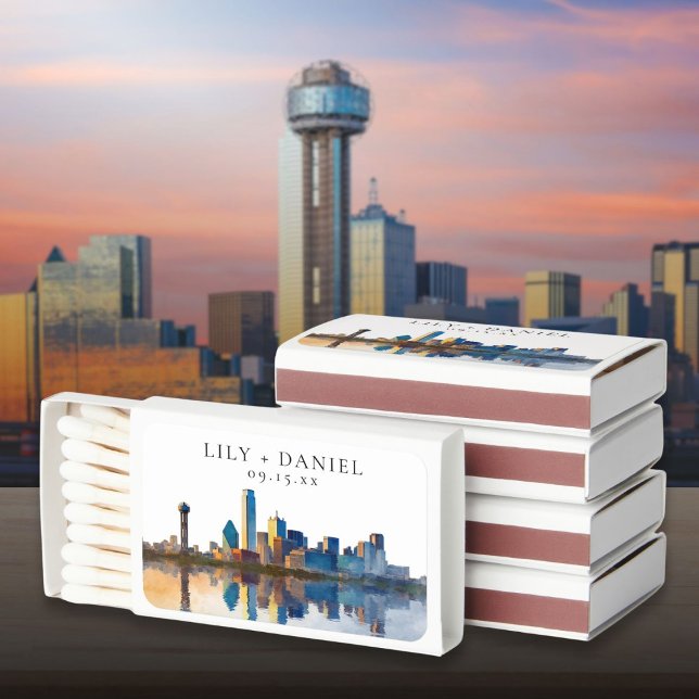 Dallas Skyline Watercolor Wedding Matchboxes (Dallas Skyline Watercolor Wedding Matchboxes)