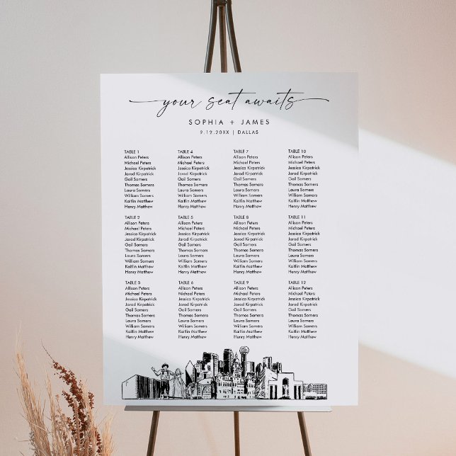 Dallas Skyline Wedding Seating Chart 18x24  Foam Board (Creator Uploaded)
