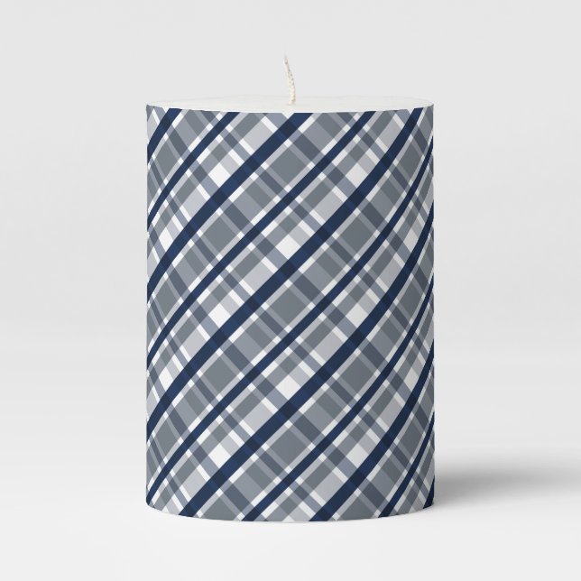 Dallas Sports Fan Silver Navy Blue Plaid Striped Pillar Candle (Front)