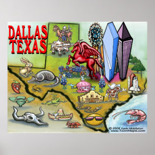 Dallas TEXAS Cartoon Map Poster