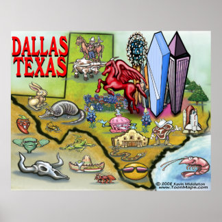 Dallas TEXAS Cartoon Map Poster