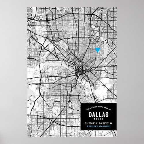 Dallas Texas City Map  Mark Your Location  Poster