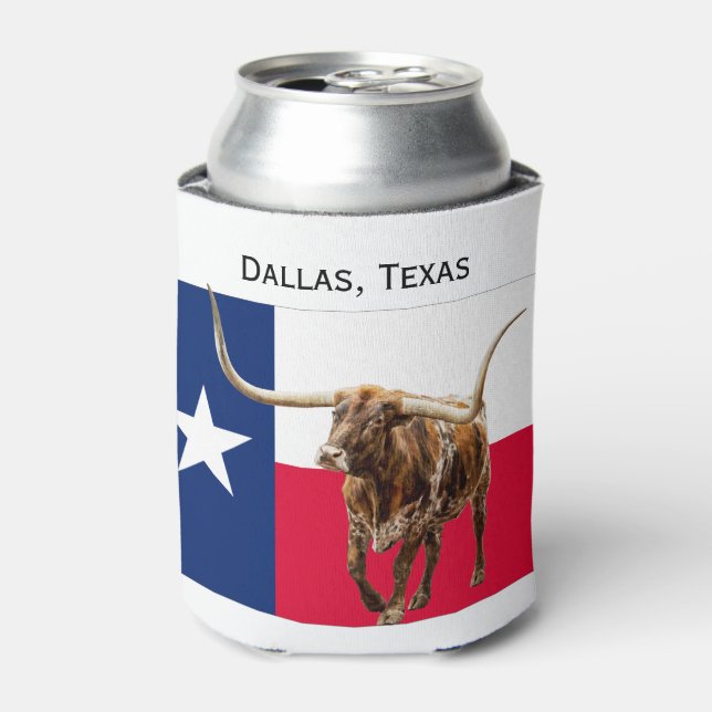 Dallas, Texas, flag and longhorns Can Cooler (Can Front)