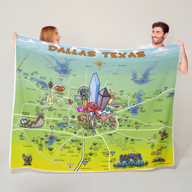 Dallas Texas Fun Map Fleece Blanket (In Situ)