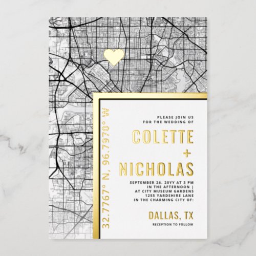 Dallas Texas Love Locator  City Themed Wedding Foil Invitation