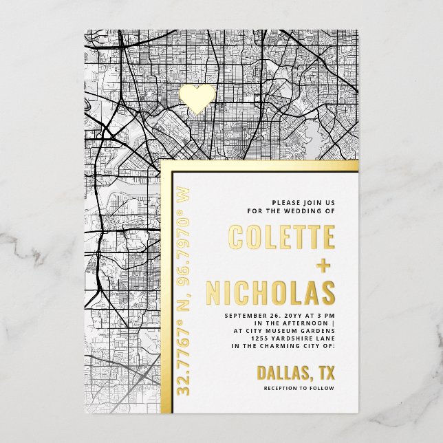 Dallas, Texas Love Locator | City Themed Wedding Foil Invitation (Front)