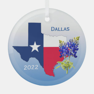Dallas, Texas State Outline & Bluebonnets Ornament