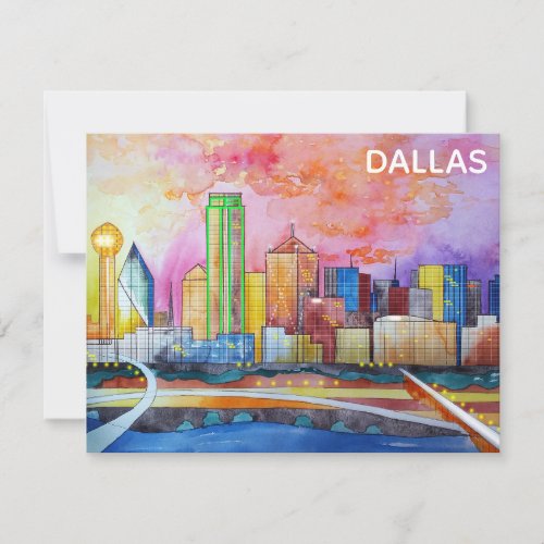 Dallas Texas Watercolor City Skyline Note Card