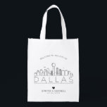 Dallas, Texas Wedding | Stylized Skyline Grocery Bag<br><div class="desc">A unique wedding bag for a wedding taking place in the beautiful city of Dallas,  Texas.  This bag features a stylized illustration of the city's unique skyline with its name underneath.  This is followed by your wedding day information in a matching open lined style.</div>