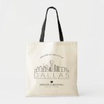 Dallas, Texas Wedding | Stylized Skyline Tote Bag<br><div class="desc">A unique wedding tote bag for a wedding taking place in the city of Dallas,  Texas.  This tote features a stylized illustration of the city's unique skyline with its name underneath.  This is followed by your wedding day information in a matching open lined style.</div>