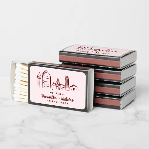 Dallas TX Retro Doodle Sketch | Wedding Favor Matchboxes