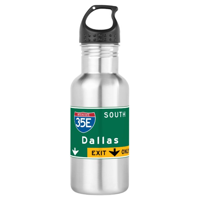 Dallas, TX Road Sign Water Bottle (Front)