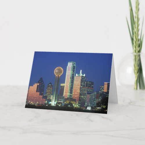Dallas TX skyline at night with Reunion Tower Card