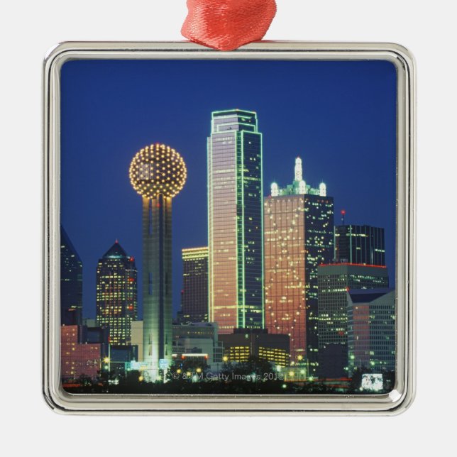 'Dallas, TX skyline at night with Reunion Tower' Metal Ornament (Front)
