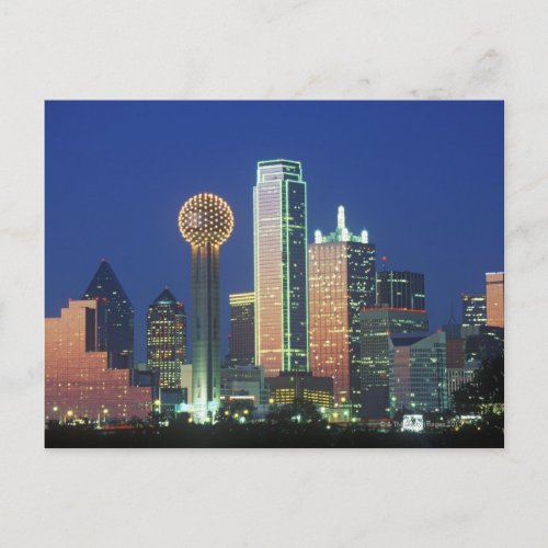 Dallas TX skyline at night with Reunion Tower Postcard