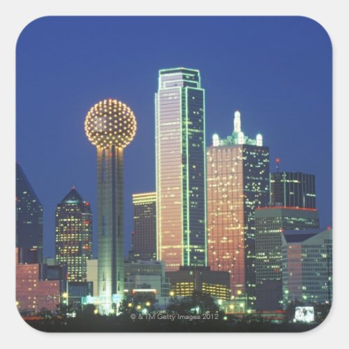 Dallas TX skyline at night with Reunion Tower Square Sticker