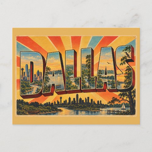 Dallas TX Skyline Lake Trinity Forest Art Postcard