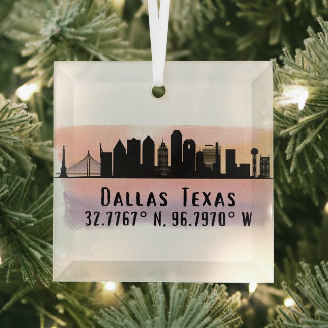Dallas TX Skyline Latitude and Longitude  Glass Ornament (Insitu)